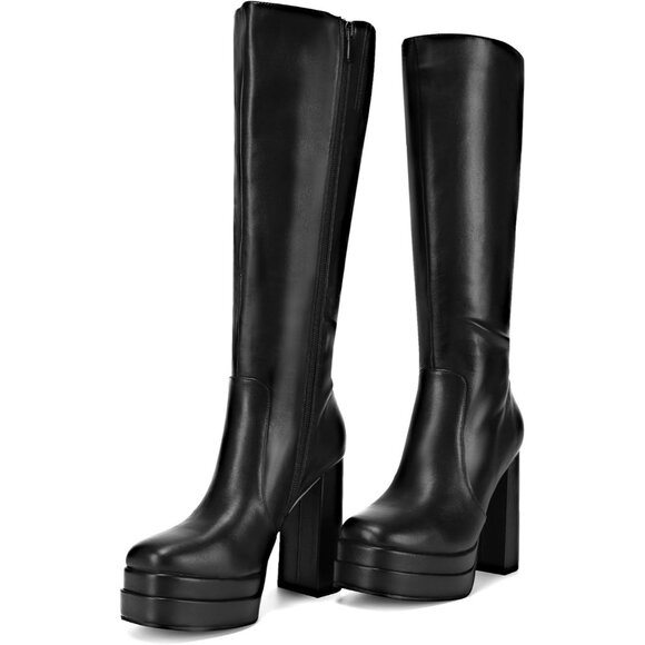 ⚡Women's Black Faux Leather Platform Heeled Knee High Long Chunky Tall Boot - Picture 4 of 7